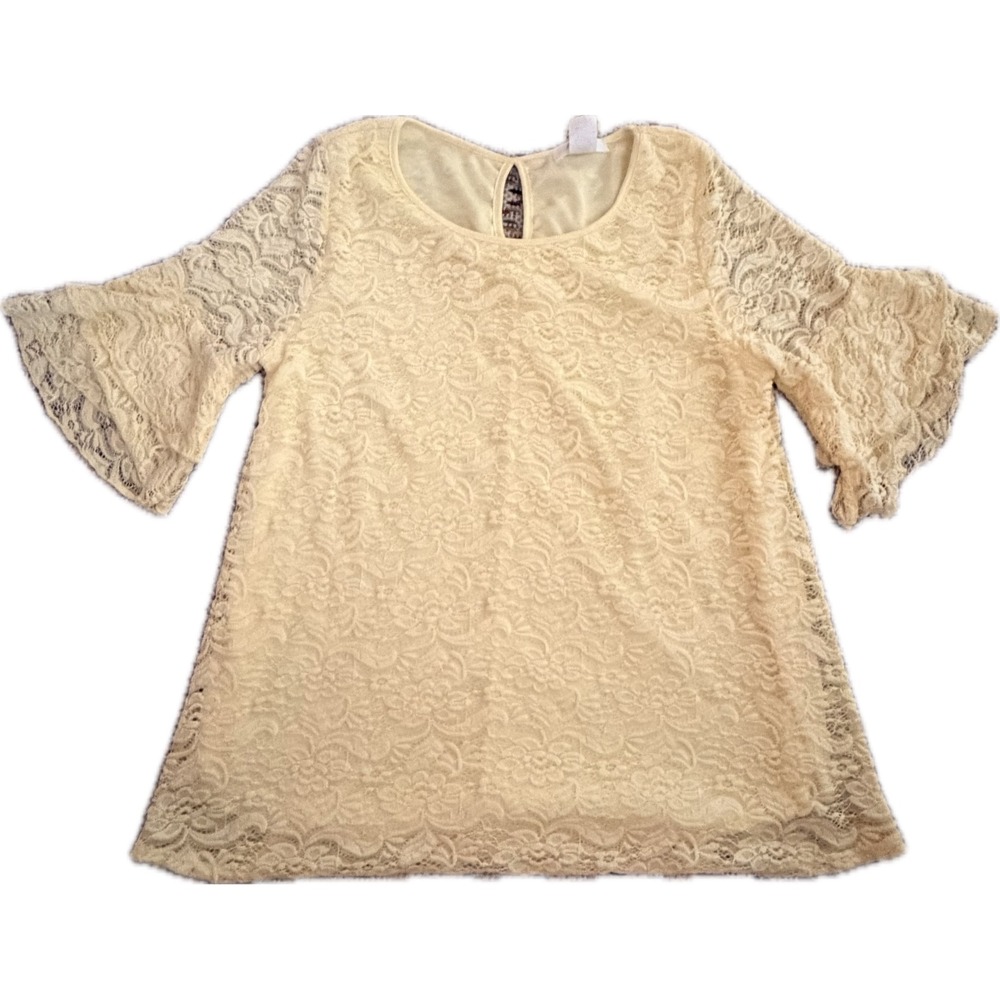 Rue Juju yellow Floral Lace Bell Sleeve Blouse Keyhole Back MY8760-SS Medium
